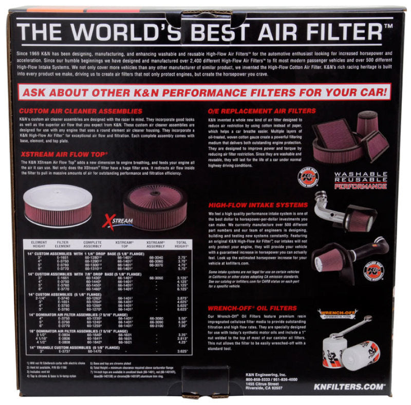 K&amp;N Round Air Filter Assembly 14in. ID / 4..12in. Height / 5.125in. Neck Flange / 7/8in. Drop Ba