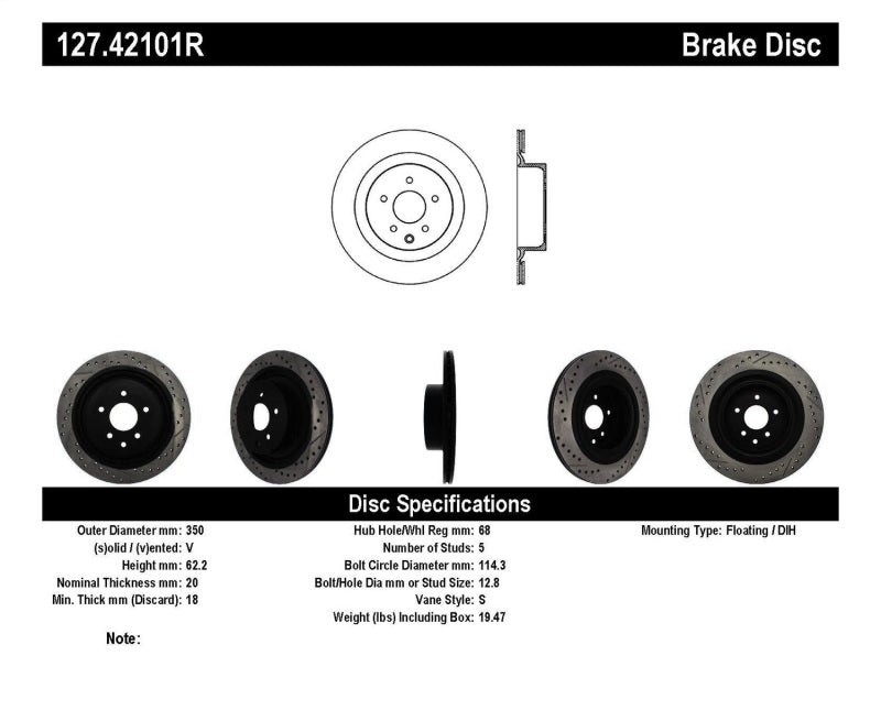 StopTech Infiniti G37 / Nissan 370Z SportStop Slotted &amp; Drilled Rear Right Rotor