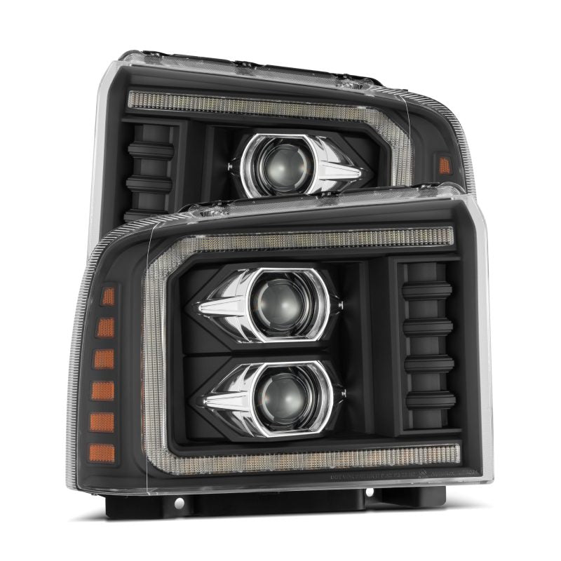 AlphaRex 05-07 Ford F250/350/450/550 Super Duty LUXX LED Proj HL Blk w/Actv Light &amp; Seq Sig + SB DRL