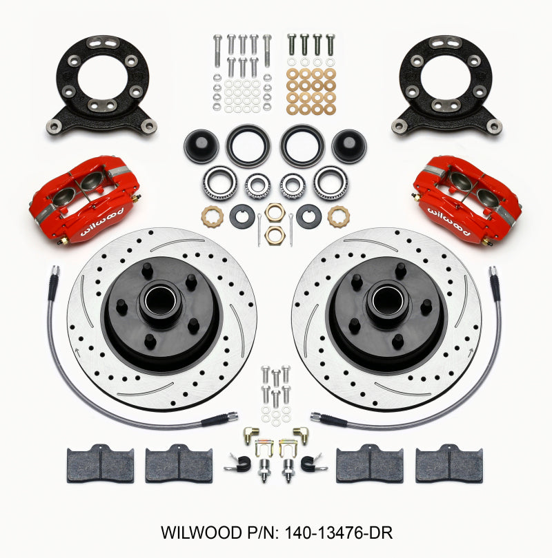 Wilwood Forged Dynalite-M Front Kit 11.30in 1 PC Rotor&amp;Hub Drill-Red 1965-1969 Mustang Disc &amp; Drum