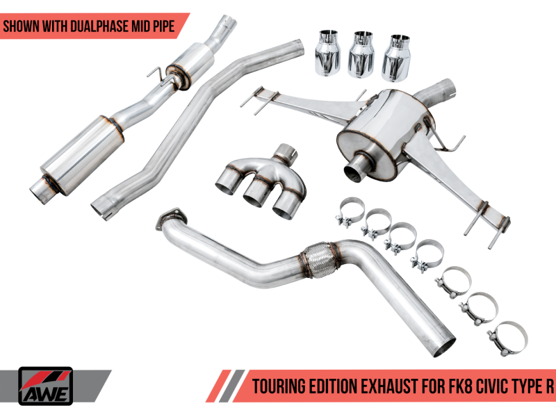 AWE Tuning 2017+ Honda Civic Type R Touring Edition Exhaust w/Front &amp; Mid Pipes - Chrome Silver Tips