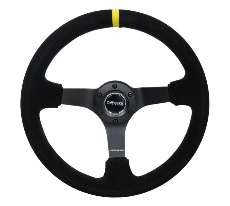 NRG Reinforced Steering Wheel (350mm / 3in. Deep) Blk Suede/X-Stitch w/5mm Blk Spoke &amp; Yellow CM