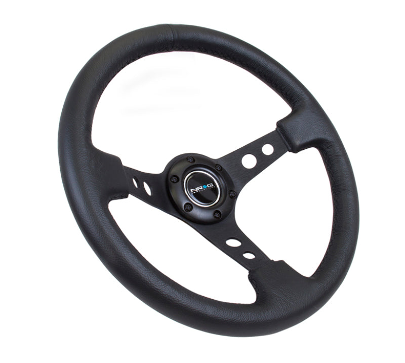 NRG Reinforced Steering Wheel (350mm / 3in. Deep) Blk Leather w/Blk Spoke &amp; Circle Cutouts