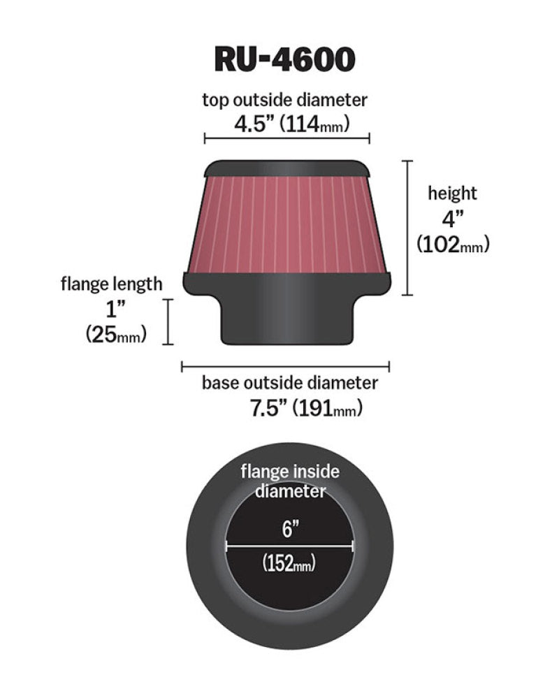 K&amp;N Filter 6 inch Flange 7.5 inch Base 4.5 Top 4 inch Height