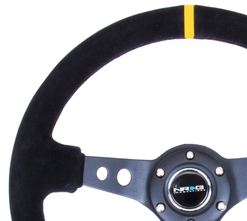 NRG Reinforced Steering Wheel (350mm / 3in. Deep) Blk Suede w/Circle Cut Spokes &amp; Single Yellow CM