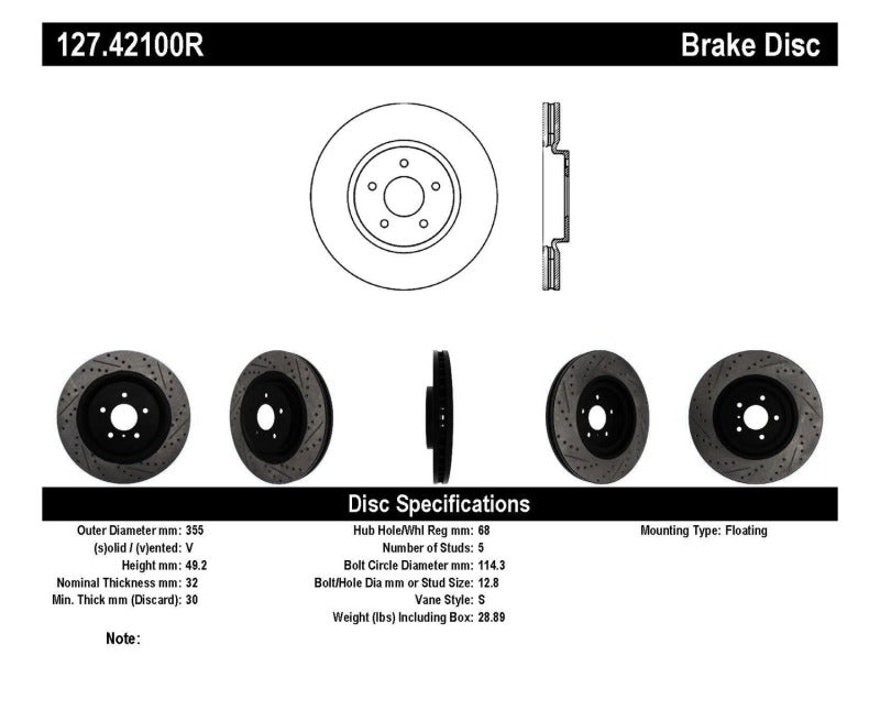 StopTech Infiniti G37 / Nissan 370Z SportStop Slotted &amp; Drilled Front Right Rotor