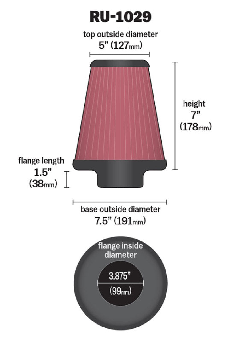 K&amp;N Universal Clamp-On Air Filter 3-7/8in FLG / 7-1/2in B / 5in T / 7in H