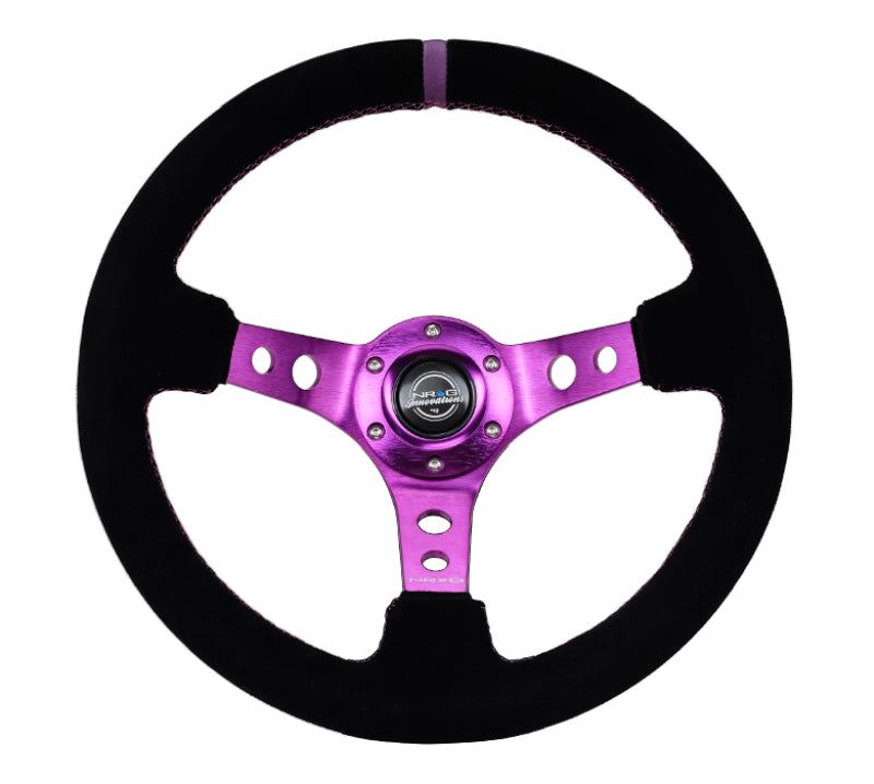 NRG Reinforced Steering Wheel (350mm / 3in. Deep) Black Suede w/Purple Center &amp; Purple Stitching