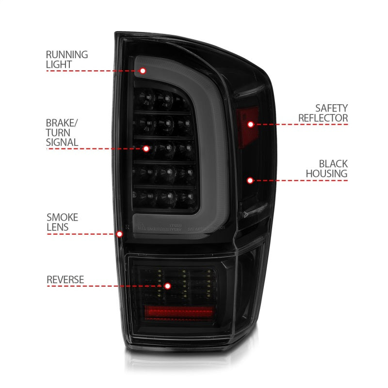 ANZO 16-21 Toyota Tacoma LED Tail Lights - w/ Light Bar Sequential Black Housing &amp; Smoke Lens