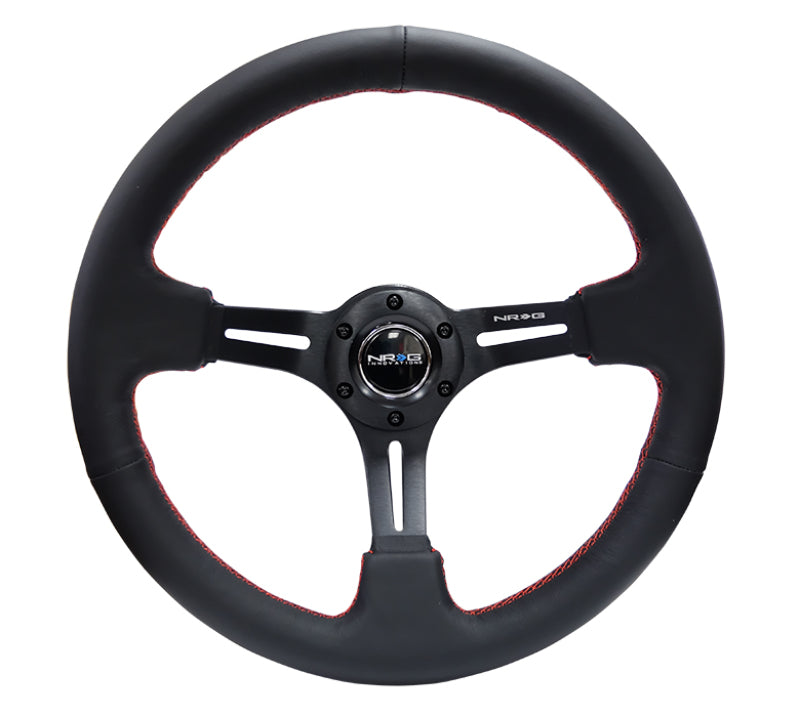 NRG Reinforced Steering Wheel (350mm / 3in. Deep) Black Leather/Red Stitch &amp; Blk 3-Spoke w/Slits