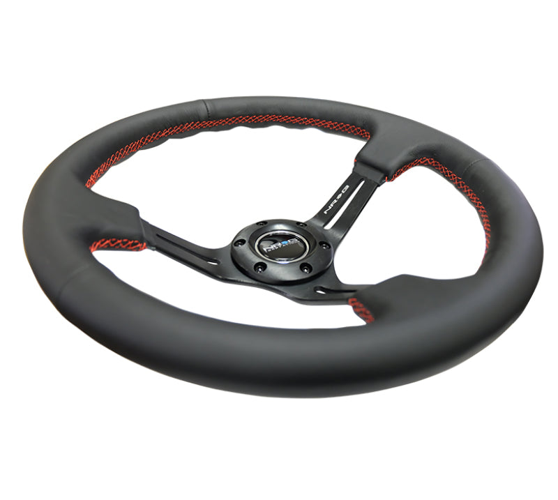 NRG Reinforced Steering Wheel (350mm / 3in. Deep) Black Leather/Red Stitch &amp; Blk 3-Spoke w/Slits