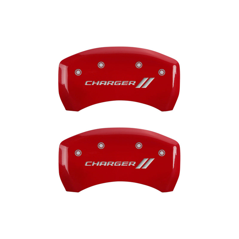 MGP 4 Caliper Covers Engraved Front &amp; Rear With stripes/Charger Red finish silver ch