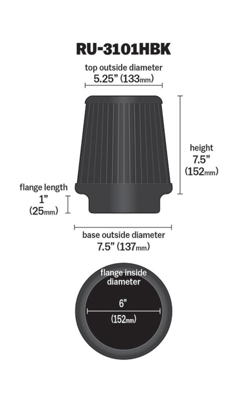 K&amp;N Universal Rubber Filter Round Tapered 6in Flange ID x 7.5in Base OD x 5.25in Top OD x 8in Height