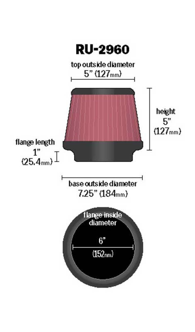 K&amp;N Universal Tapered Filter 6in Flange ID x 7.5in Base OD x 5in Top OD x 5in Height