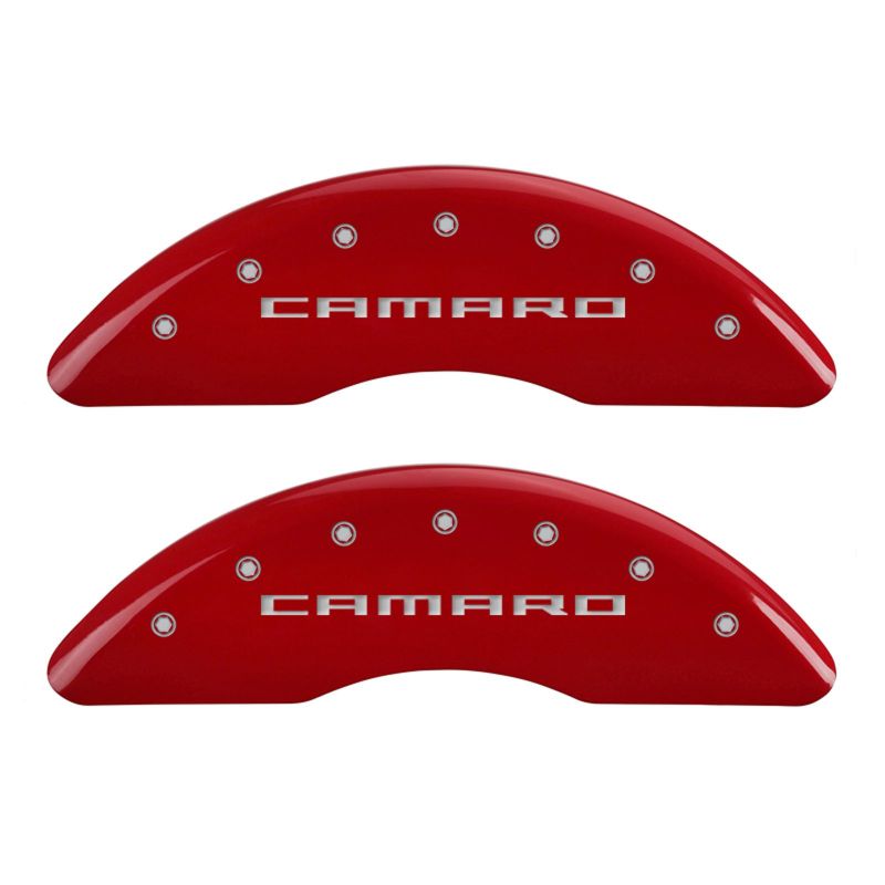 MGP 4 Caliper Covers Engraved Front &amp; Rear Gen 5/Camaro Red finish silver ch