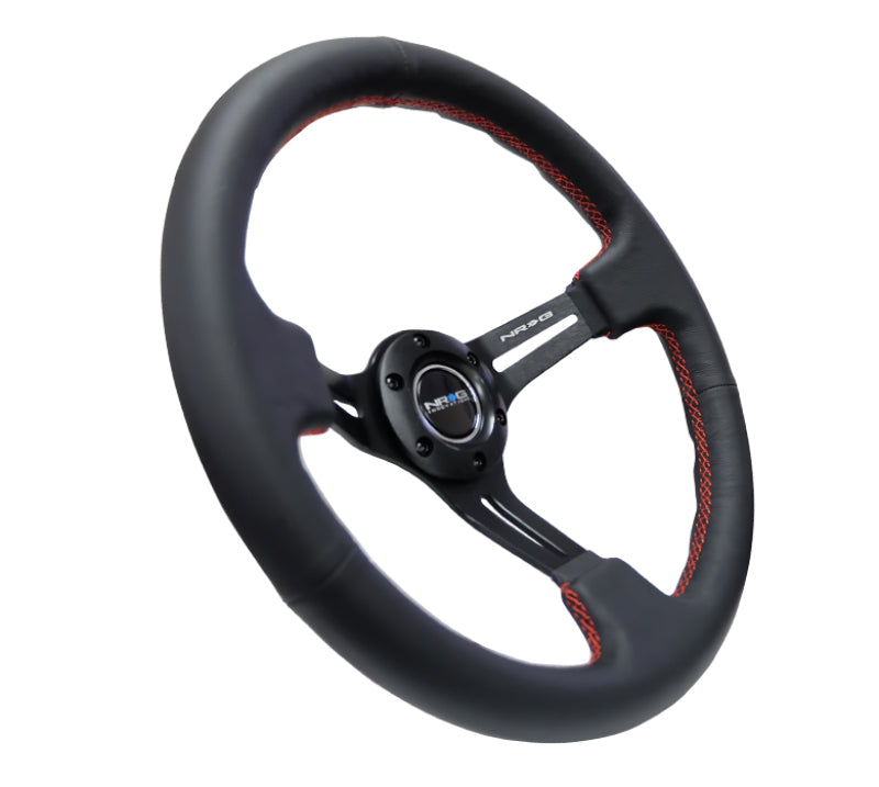 NRG Reinforced Steering Wheel (350mm / 3in. Deep) Black Leather/Red Stitch &amp; Blk 3-Spoke w/Slits