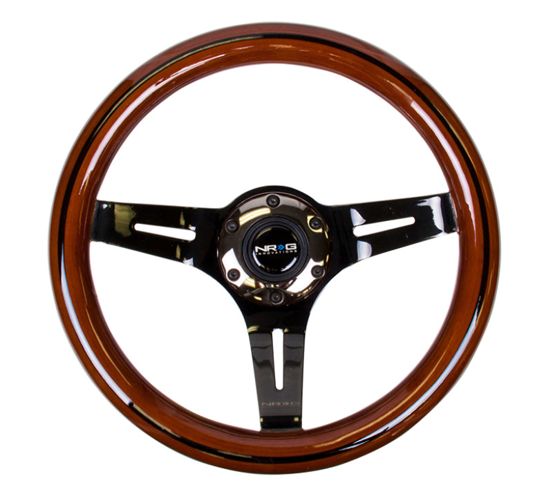 NRG Classic Wood Grain Steering Wheel (310mm) Dark Wood &amp; Black Line Inlay w/Blk Chrome 3-Spoke Ctr.