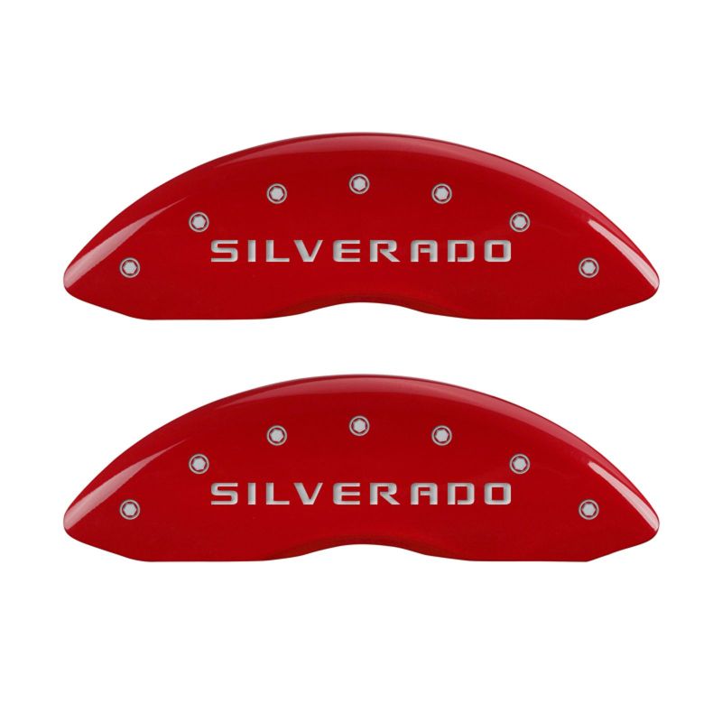 MGP 4 Caliper Covers Engraved Front &amp; Rear Silverado Red finish silver ch