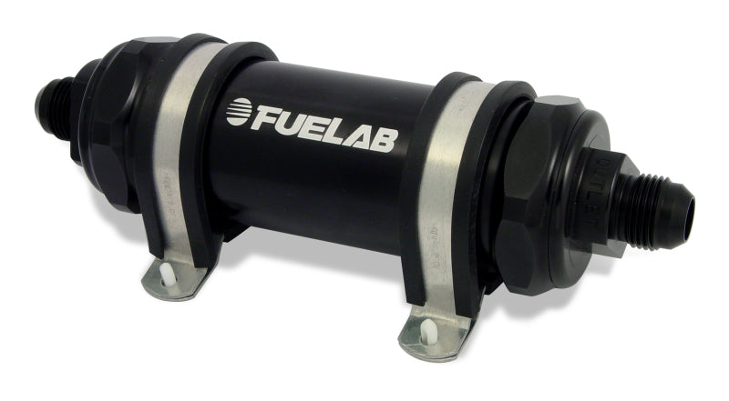 Fuelab 828 In-Line Fuel Filter Long -6AN In/Out 10 Micron Fabric - Black