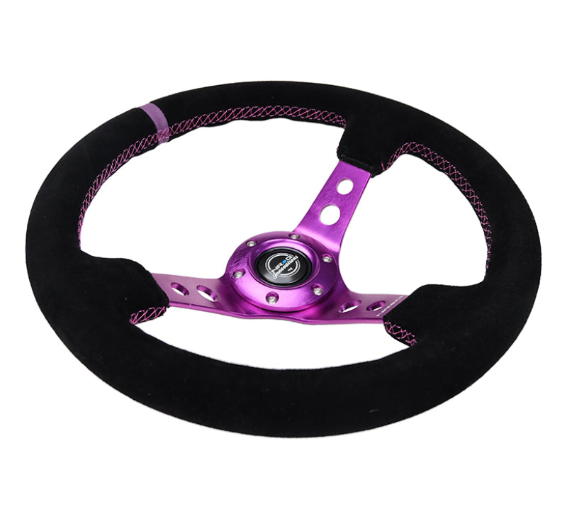 NRG Reinforced Steering Wheel (350mm / 3in. Deep) Black Suede w/Purple Center &amp; Purple Stitching