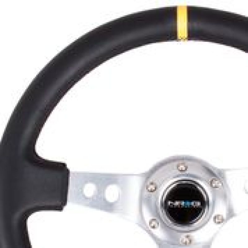 NRG Reinforced Steering Wheel (350mm / 3in. Deep) Blk Leather w/Circle Cut Spokes &amp; Single Yellow CM