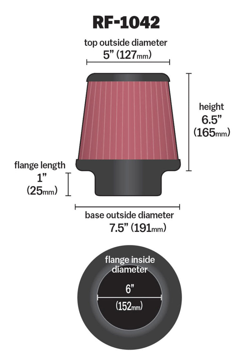 K&amp;N Round Tapered Universal Air Filter 6in Flange ID x 7.5in Base OD x 5in Top OD x 6.5in Height