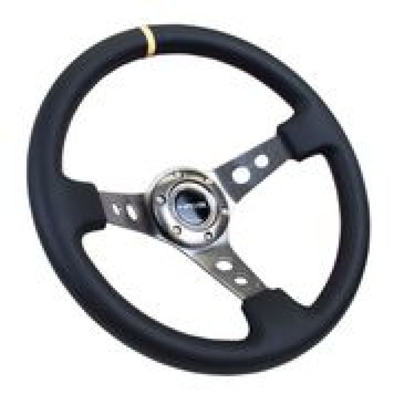 NRG Reinforced Steering Wheel (350mm / 3in. Deep) Blk Leather w/Gunmetal Cutout Spoke &amp; Yellow CM