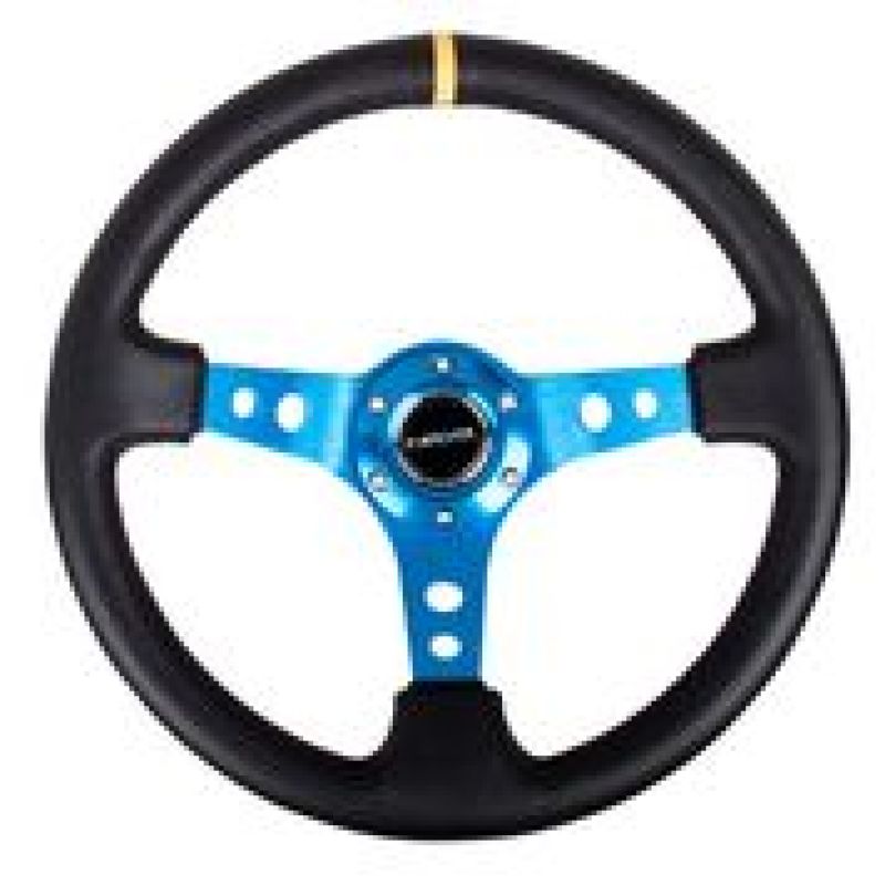 NRG Reinforced Steering Wheel (350mm / 3in. Deep) Blk Leather w/Blue Cutout Spoke &amp; Single Yellow CM