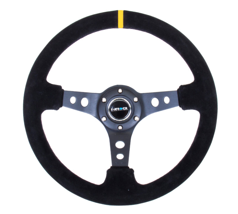 NRG Reinforced Steering Wheel (350mm / 3in. Deep) Blk Suede w/Circle Cut Spokes &amp; Single Yellow CM