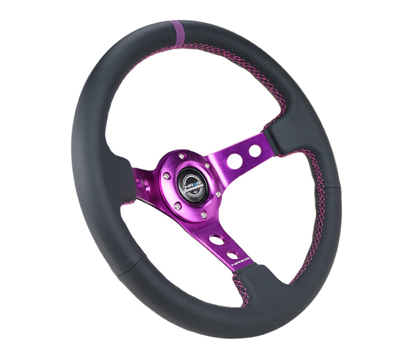 NRG Reinforced Steering Wheel (350mm / 3in. Deep) Black Leather w/Purple Center &amp; Purple Stitching