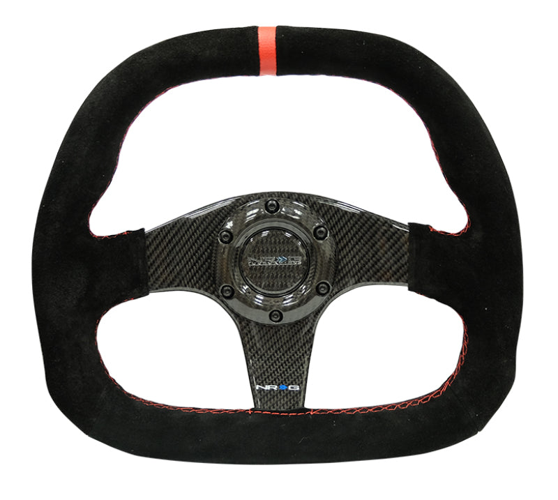 NRG Carbon Fiber Steering Wheel (320mm) Flat Btm. Blk Suede/Red Stitch w/CF Spokes &amp; Red Center Mark