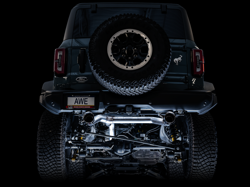 AWE Tuning 2021+ Ford Bronco 0FG Dual Rear Exit Exhaust w/Diamond Black Tips &amp; Bash Guard