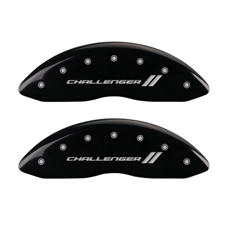 MGP 4 Caliper Covers Engraved Front &amp; Rear With stripes/Challenger Black finish silver ch
