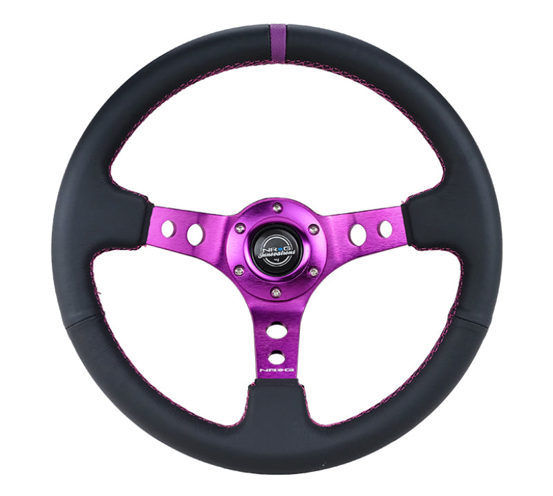 NRG Reinforced Steering Wheel (350mm / 3in. Deep) Black Leather w/Purple Center &amp; Purple Stitching