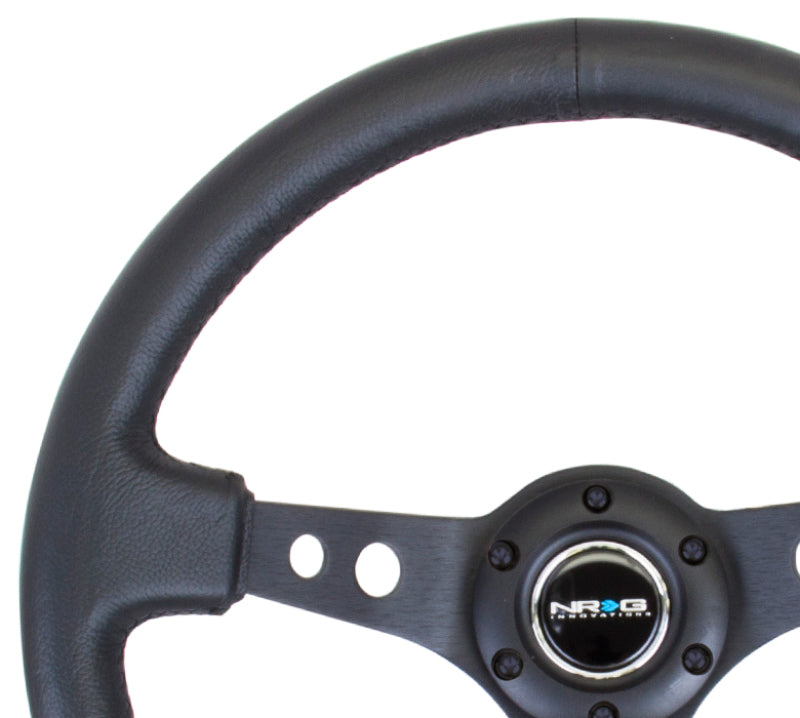 NRG Reinforced Steering Wheel (350mm / 3in. Deep) Blk Leather w/Blk Spoke &amp; Circle Cutouts