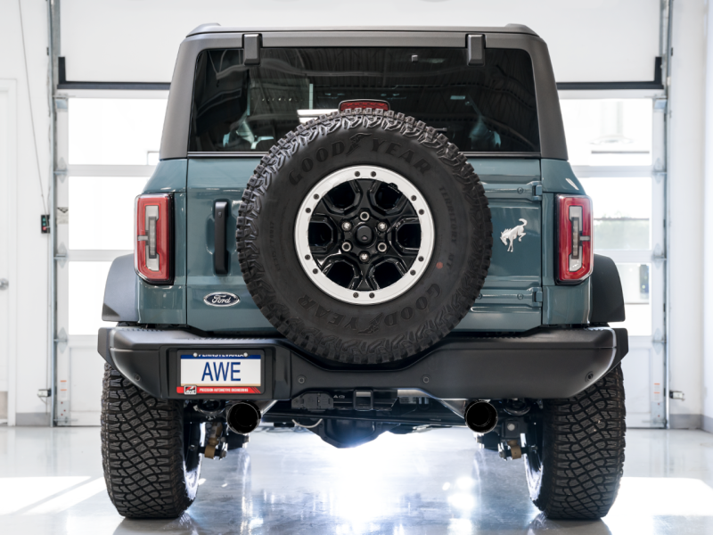 AWE Tuning 2021+ Ford Bronco 0FG Dual Rear Exit Exhaust w/Diamond Black Tips &amp; Bash Guard