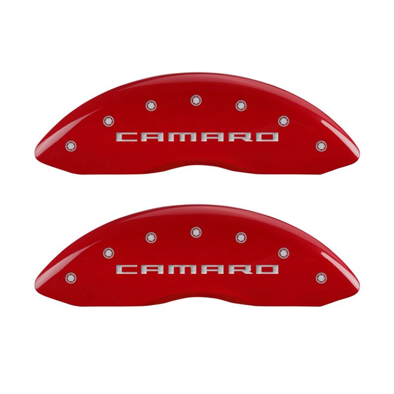 MGP 4 Caliper Covers Engraved Front &amp; Rear Gen 5/Camaro Red finish silver ch