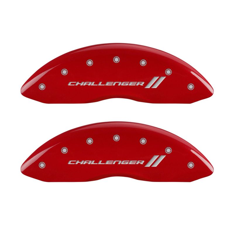 MGP 4 Caliper Covers Engraved Front &amp; Rear With stripes/Challenger Red finish silver ch