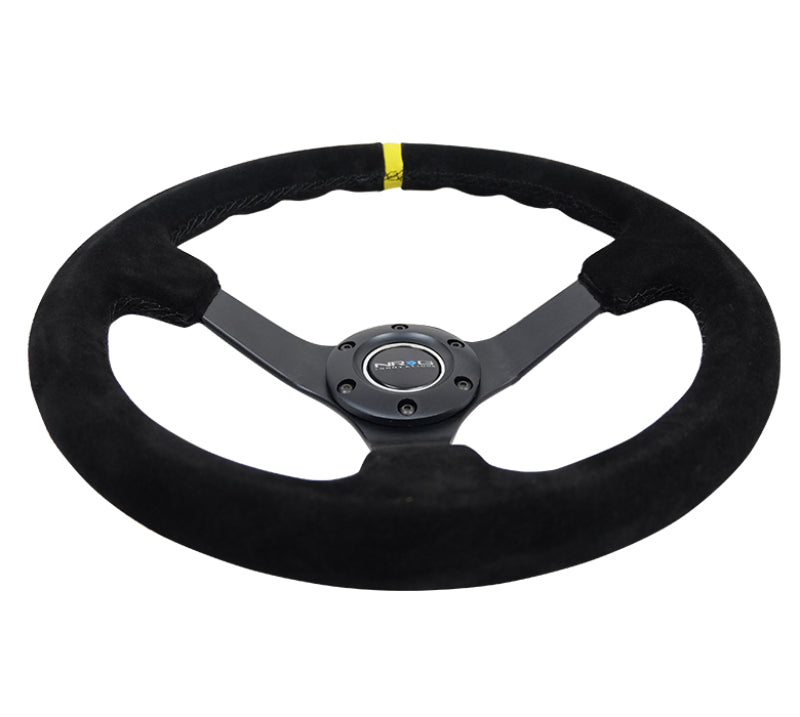 NRG Reinforced Steering Wheel (350mm / 3in. Deep) Blk Suede/X-Stitch w/5mm Blk Spoke &amp; Yellow CM