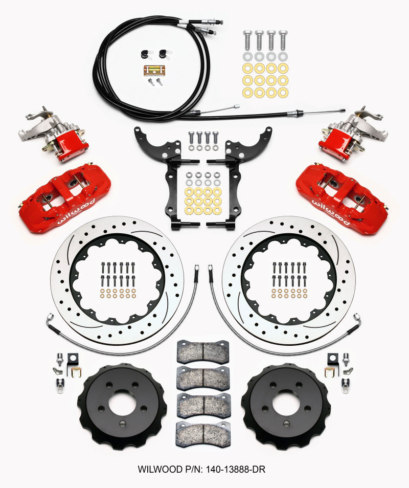 Wilwood AERO4 / MC4 Rear Kit 14.00 Drilled Red 2015-Up Mustang w/Lines &amp; Cables