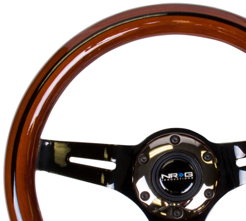 NRG Classic Wood Grain Steering Wheel (310mm) Dark Wood &amp; Black Line Inlay w/Blk Chrome 3-Spoke Ctr.