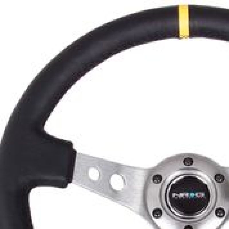 NRG Reinforced Steering Wheel (350mm / 3in. Deep) Blk Leather w/Gunmetal Cutout Spoke &amp; Yellow CM