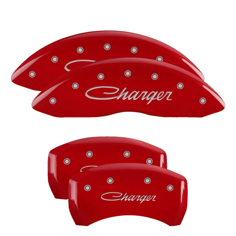 MGP 4 Caliper Covers Engraved Front &amp; Rear Cursive/Charger Red finish silver ch