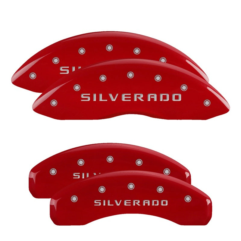 MGP 4 Caliper Covers Engraved F&amp;R MGP Red Finish Silver Characters 2019 Chevrolet Silverado 1500