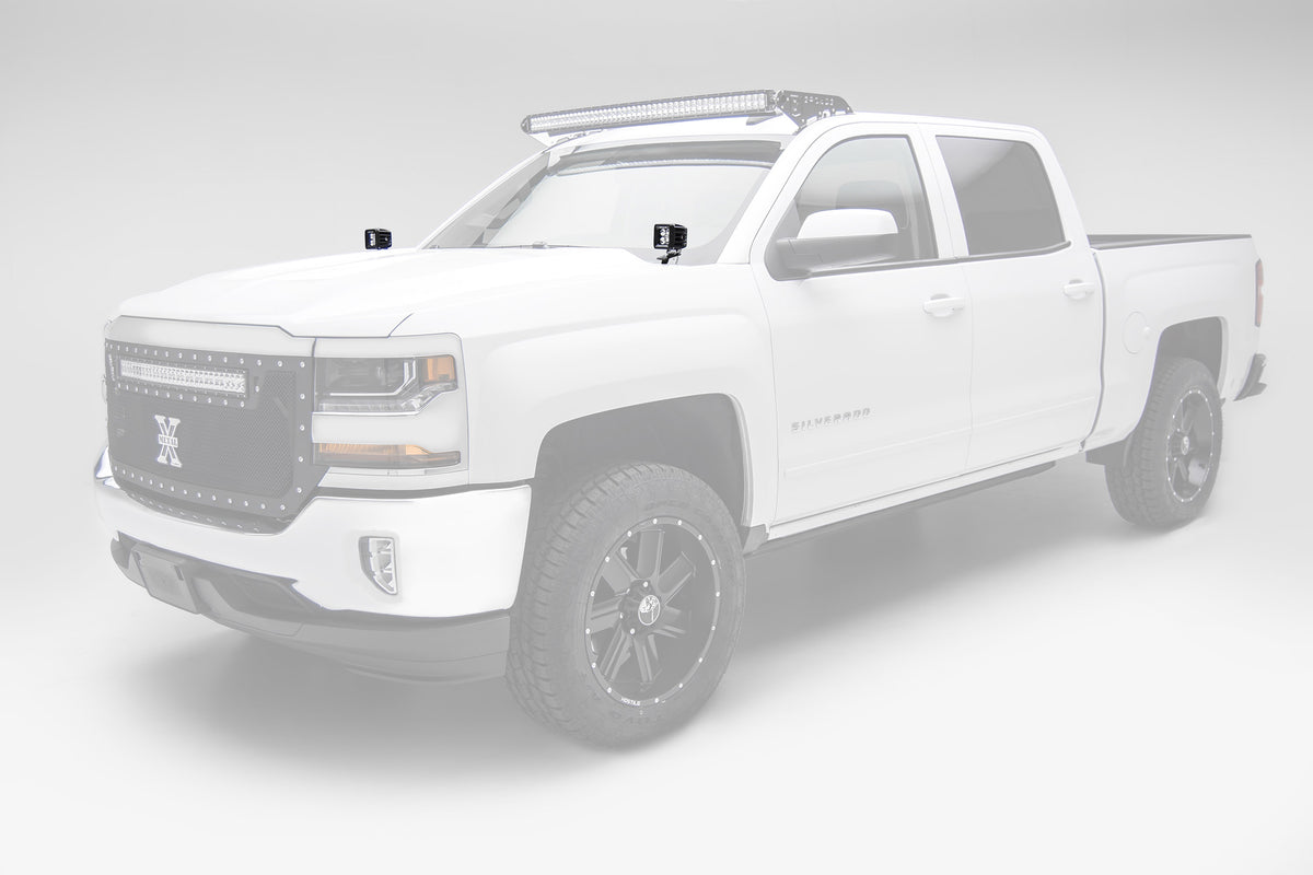 ~(3 lbs. 18X8X3)~ 2014-2017 CHEVROLET SILVERADO 1500: Hood Hinges LED Light Bar Mounts - By A Pillar - for mounting Two 3 IN Zroadz Cube Pod Work Lights or Similar Style Light - Bolts On to Hood Hinges - Easy Install