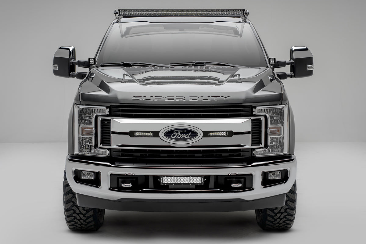 ~(10 lbs. 25X15X6)~ 2017-2017 FORD F-250 /350 OEM Grille LED Light Bar Mounts (Black) - Includes Two 6 IN Zroadz Slim Single Row LED Light Bars and wire harness- Bolts on to OEM Grille Assembly (Fits XLT Models Only Does not fit Platinum)