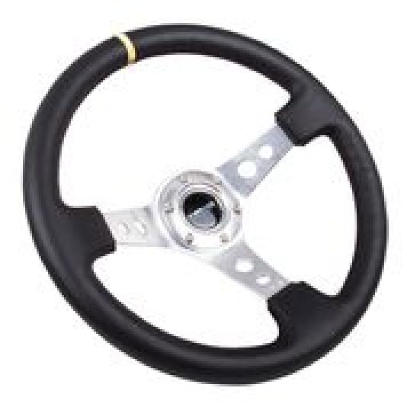 NRG Reinforced Steering Wheel (350mm / 3in. Deep) Blk Leather w/Circle Cut Spokes &amp; Single Yellow CM