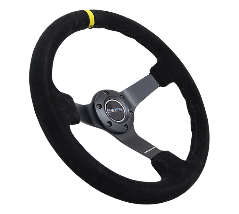 NRG Reinforced Steering Wheel (350mm / 3in. Deep) Blk Suede/X-Stitch w/5mm Blk Spoke &amp; Yellow CM