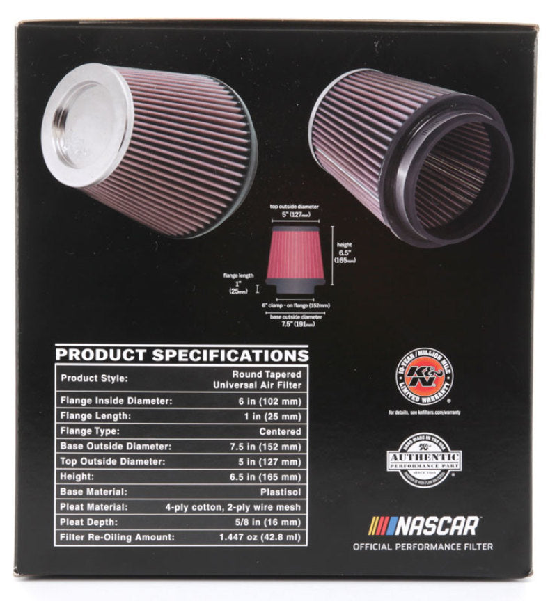 K&amp;N Round Tapered Universal Air Filter 6in Flange ID x 7.5in Base OD x 5in Top OD x 6.5in Height