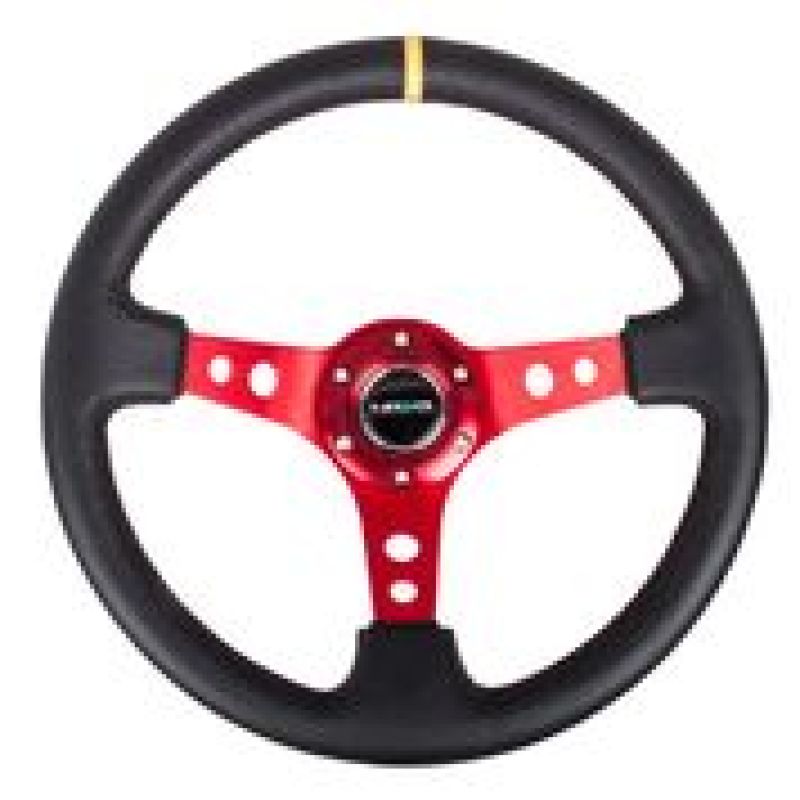 NRG Reinforced Steering Wheel (350mm / 3in. Deep) Blk Leather w/Red Spokes &amp; Sgl Yellow Center Mark